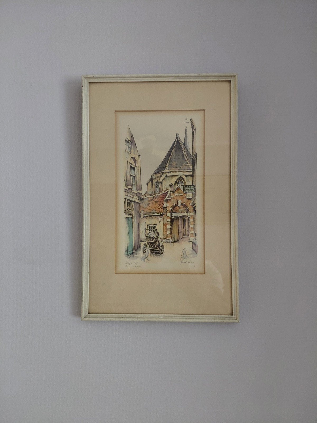 Ingelijste aquarel Begijnhof Amsterdam - gesigneerd, Ophalen of Verzenden, Tekening, Aquarel, Ingelijst