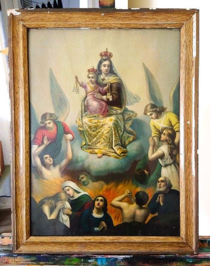 Antieke religieuze litho Maagd Maria Christuskind, Ingelijst, Ophalen of Verzenden, Lithografie