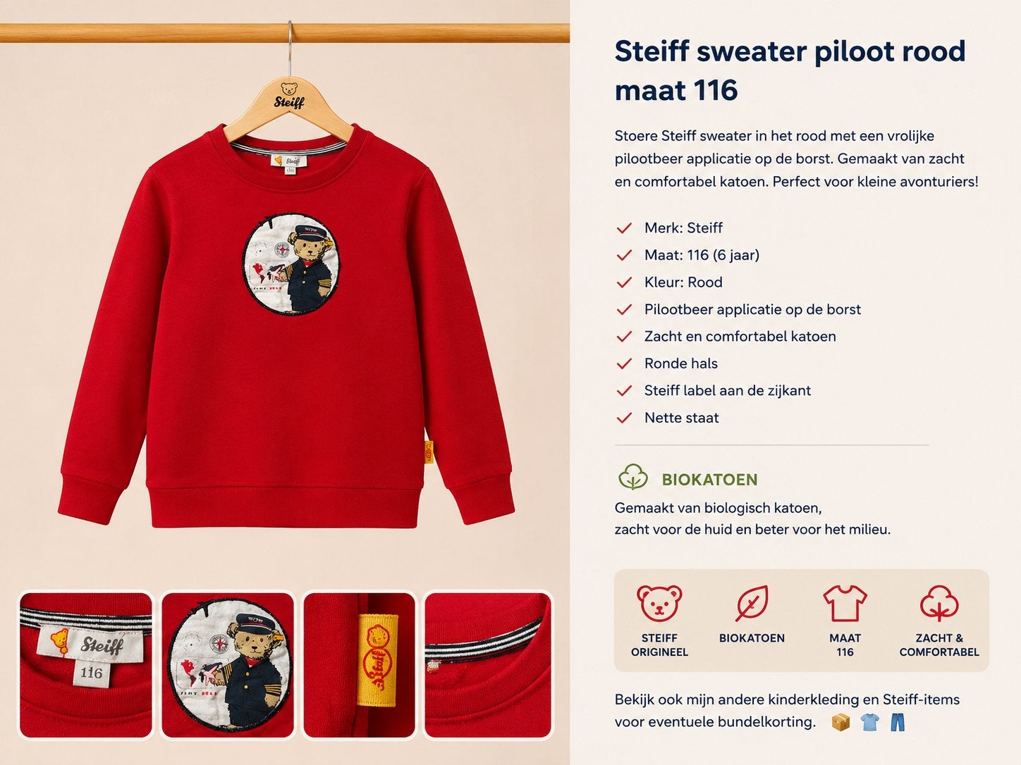 Steiff rode sweater afbeelding pilootbeertje maat 116, Ophalen of Verzenden, Zo goed als nieuw, Jongen, Trui of Vest
