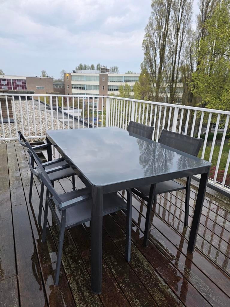 Aluminium tuinset met glazen tafelblad 150x90 cm, Ophalen, 4 zitplaatsen, Gebruikt, Aluminium