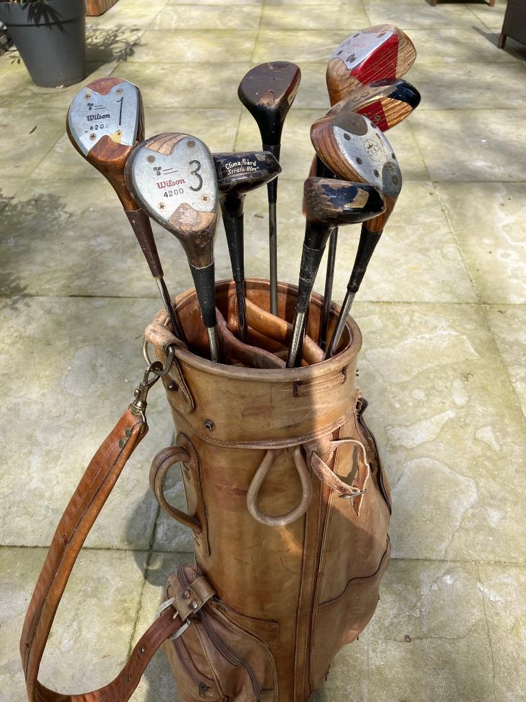 Vintage leren golftas met 8 clubs, Ophalen, Gebruikt, Set, Overige merken