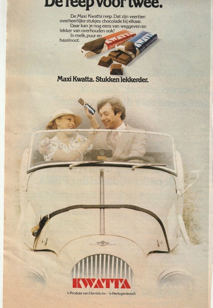 retro reclame 1976 Kwatta chocolade reep voor twee auto, Verzenden, Overige typen