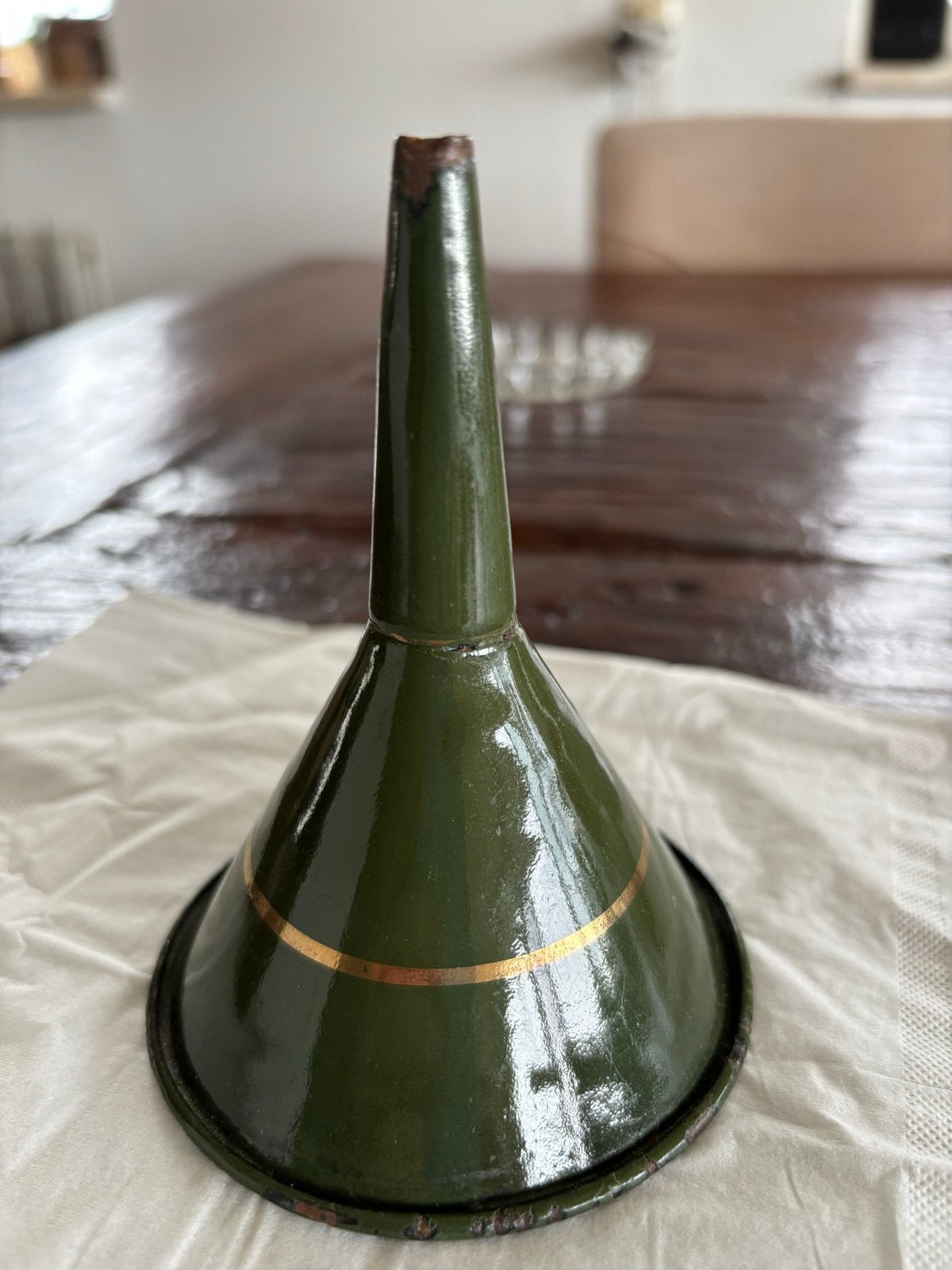 Vintage Groene Emaille Trechter met Gouden Rand, Antiek en Kunst, Ophalen of Verzenden