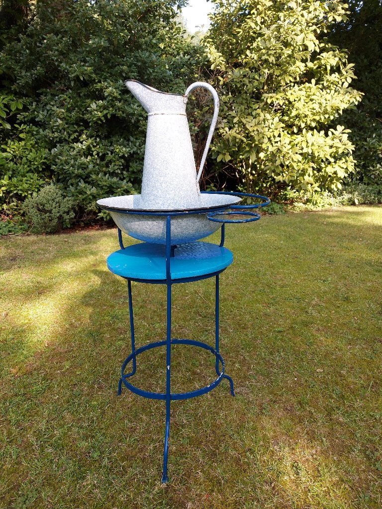 Vintage wasbak/schenkkan (wolkjes emaille lampet set), Ophalen, Minder dan 50 cm, Gebruikt, Overige typen
