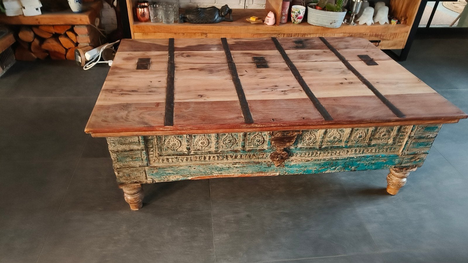 Prachtige handgemaakte Indiase salontafel met opbergruimte, Huis en Inrichting, Ophalen, 100 tot 150 cm, Bohemian, 50 tot 100 cm