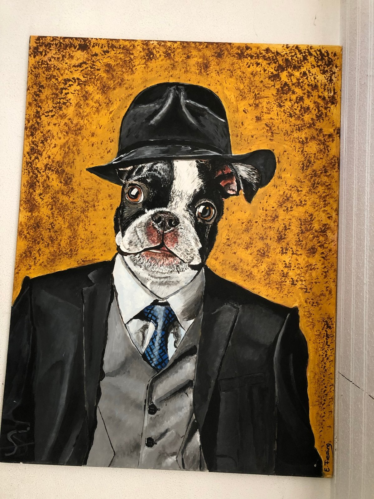 Hond in Pak en Hoed - Acrylverf Schilderij, Ophalen of Verzenden