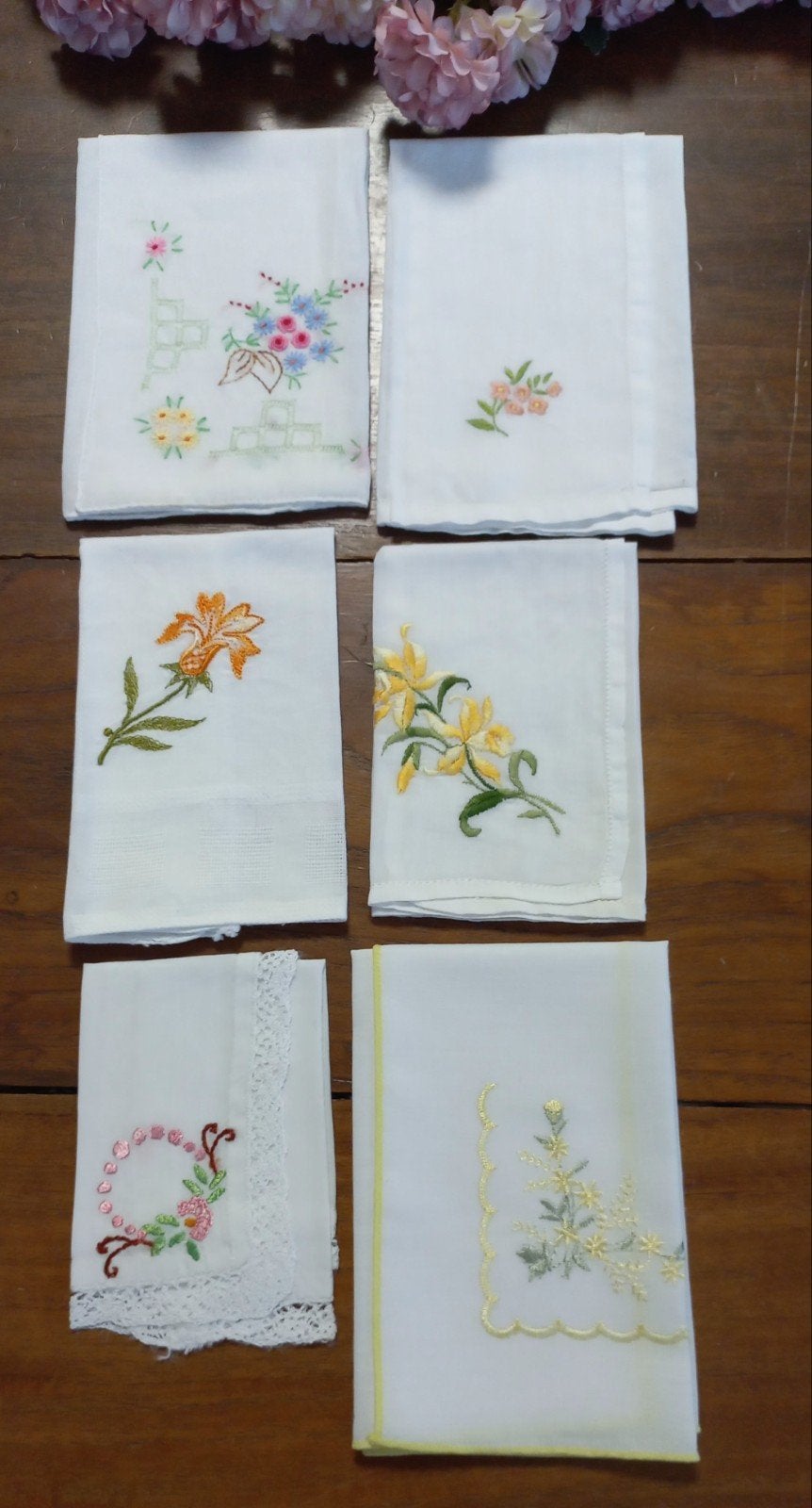Set van 6 geborduurde dameszakdoekjes, bloemen, Ophalen of Verzenden