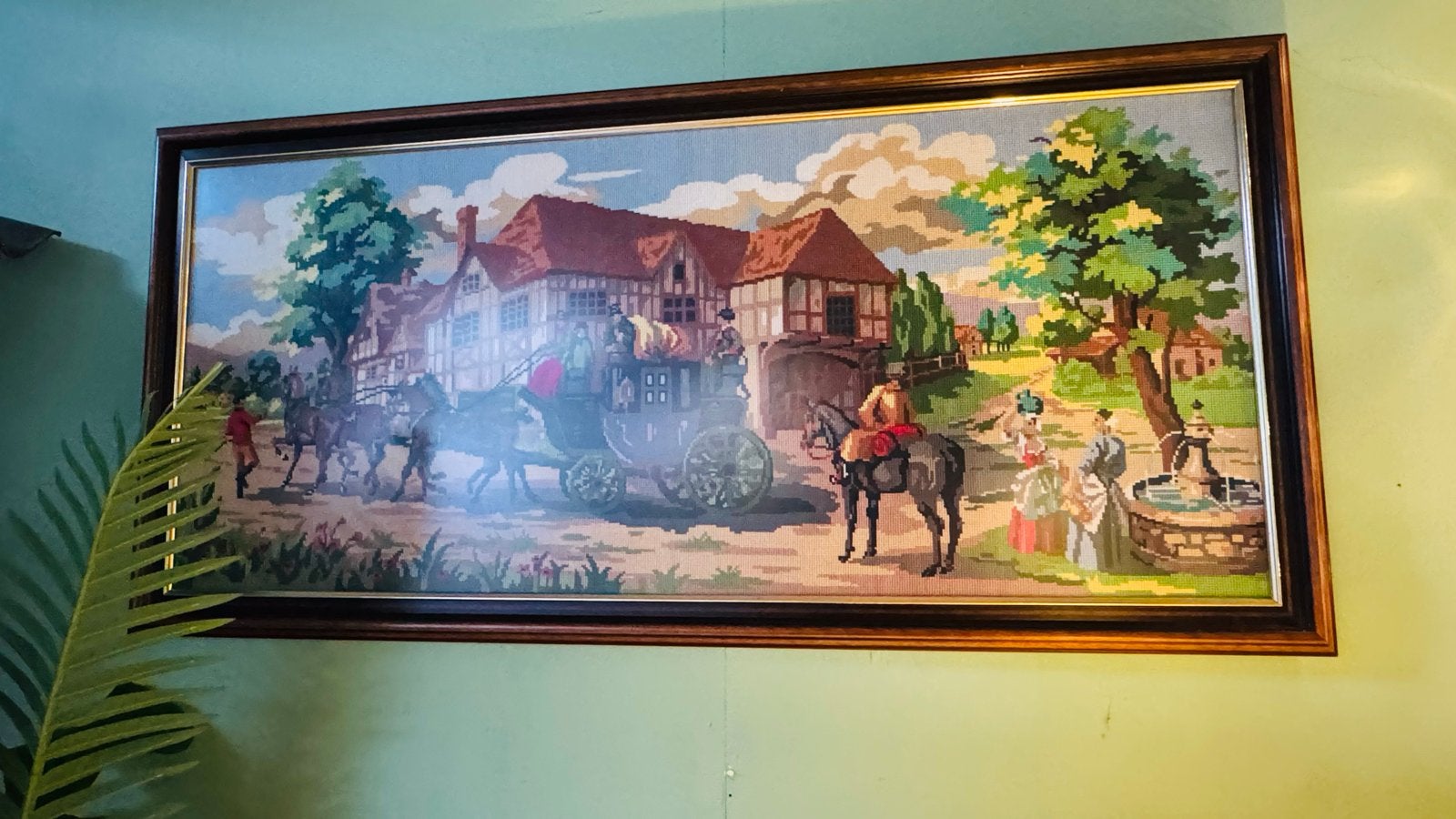 Antiek Tapijtwerk Schilderij - Koets en Paarden, 50 – 75, Overige typen, Ophalen of Verzenden, Zo goed als nieuw