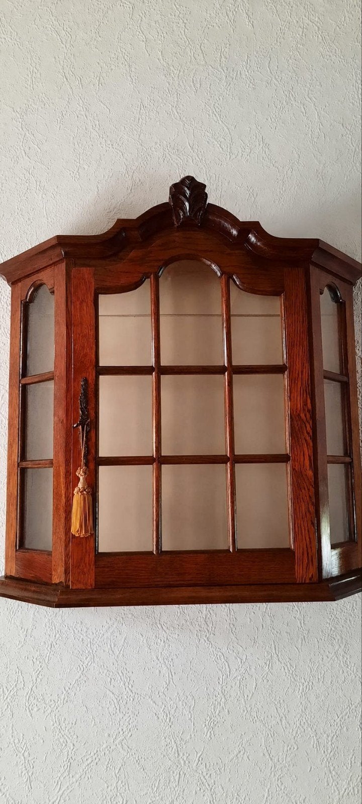 Antieke houten wandvitrinekast met glas, Antiek en Kunst, Ophalen