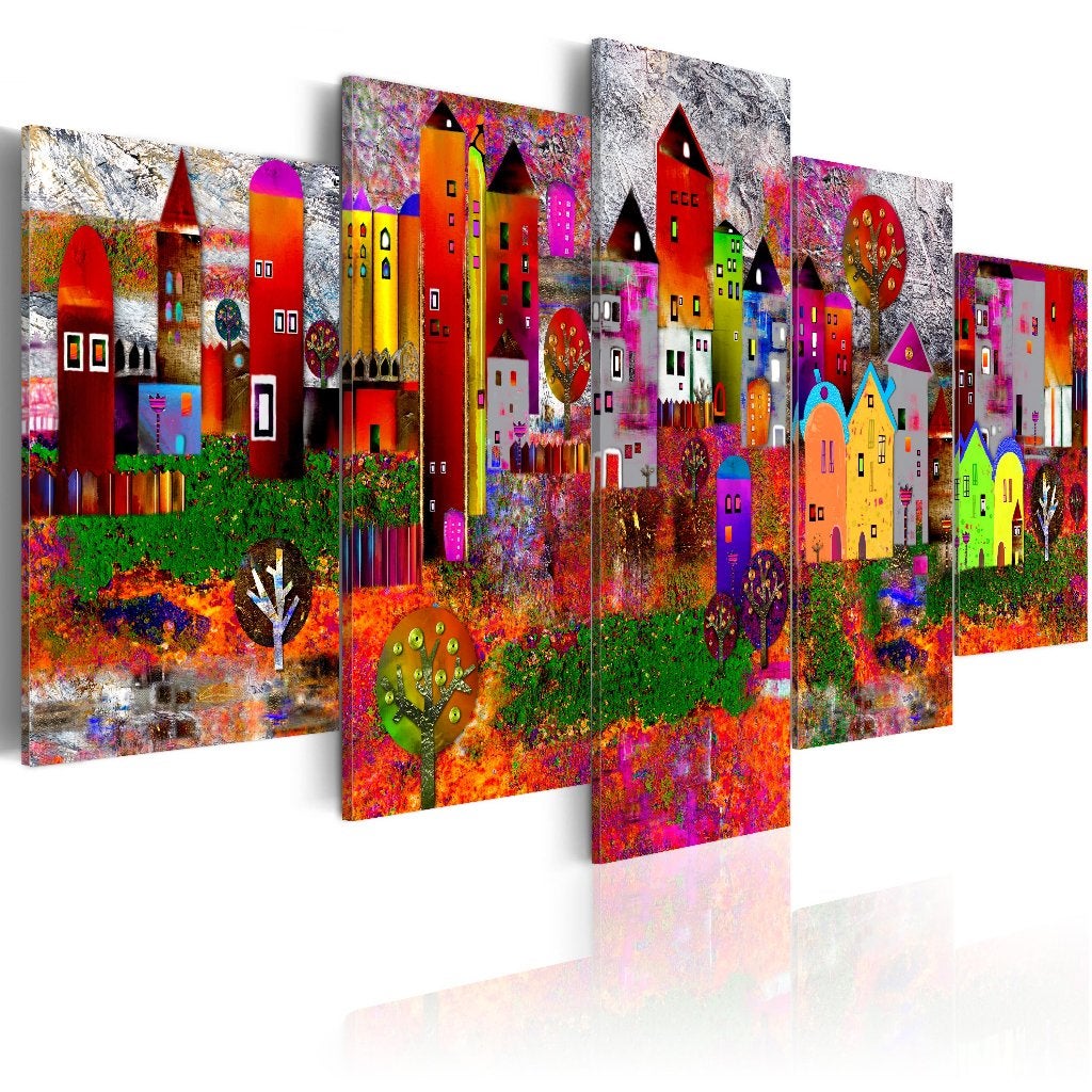 382 Abstract Colors Huisjes 5 Luik Canvas Schilderij 200x100, Ophalen of Verzenden