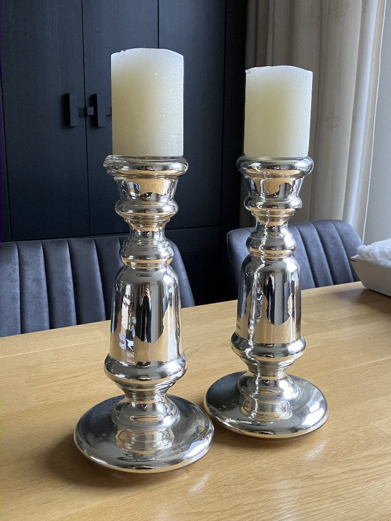 Glazen zilverkleurige kandelaars, Ophalen, 31 cm, Kandelaar, Zilver