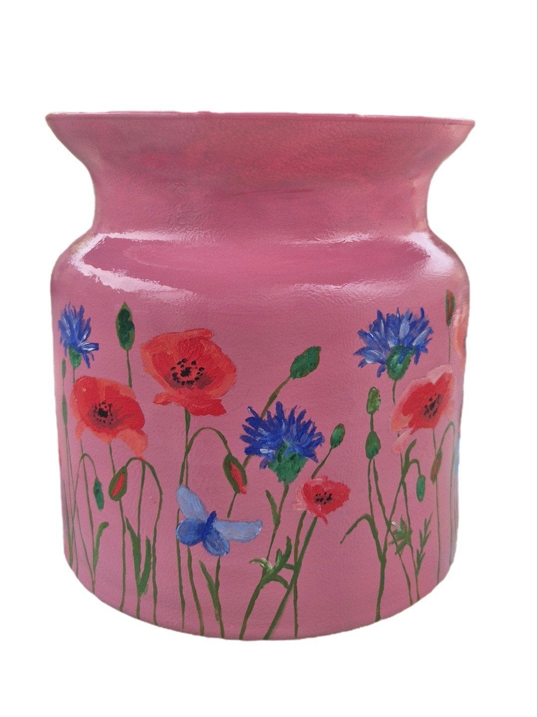 Roze Vaas met Handgeschilderde Bloemen en Vlinder, Ophalen of Verzenden