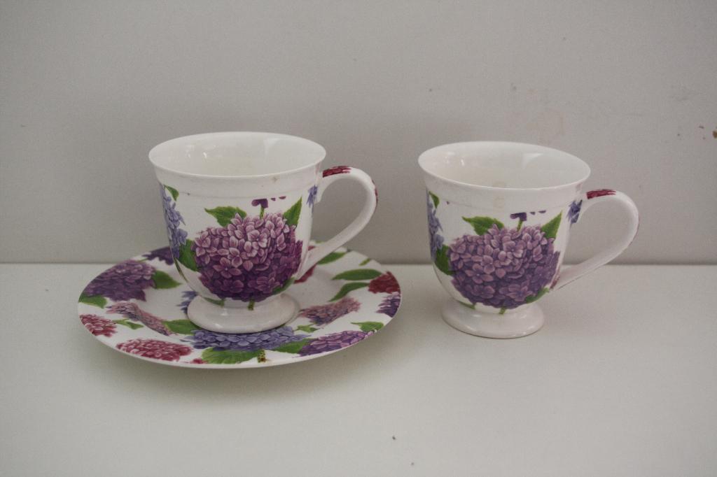 Bone China 2 kopjes en 1 schotel Hortensia / Hydrangea., Ophalen of Verzenden, Zo goed als nieuw, Overige stijlen, Kop(pen) en/of Schotel(s)