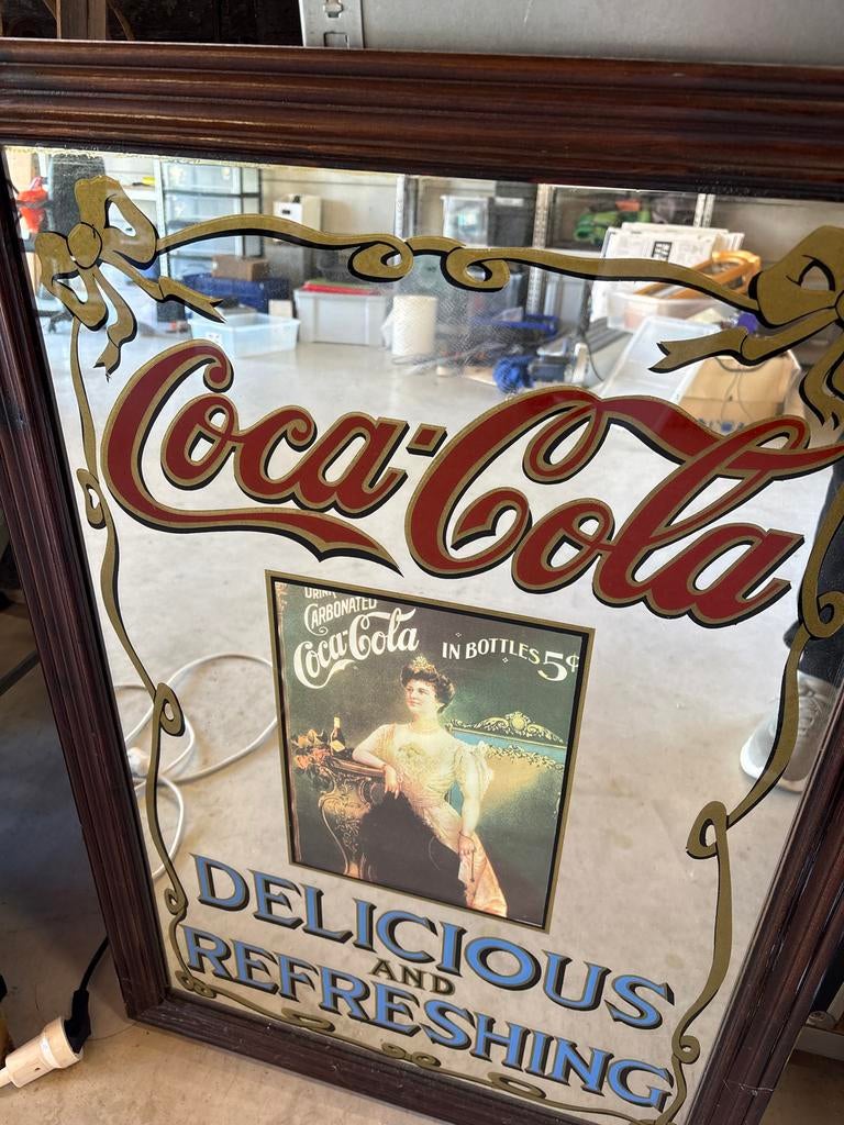 Vintage Coca-Cola spiegel - Delicious and Refreshing, Antiek en Kunst, Ophalen of Verzenden, Rechthoekig, 50 tot 100 cm, 100 tot 150 cm