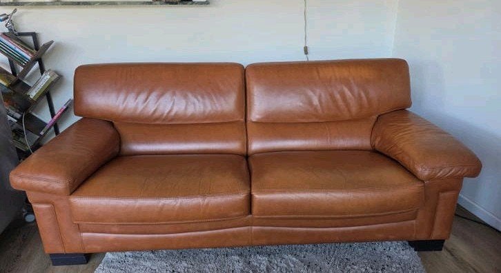Roche Bobois bank - Cognac leer - Zo goed als nieuw, Ophalen, Driepersoons, Zo goed als nieuw, Rechte bank