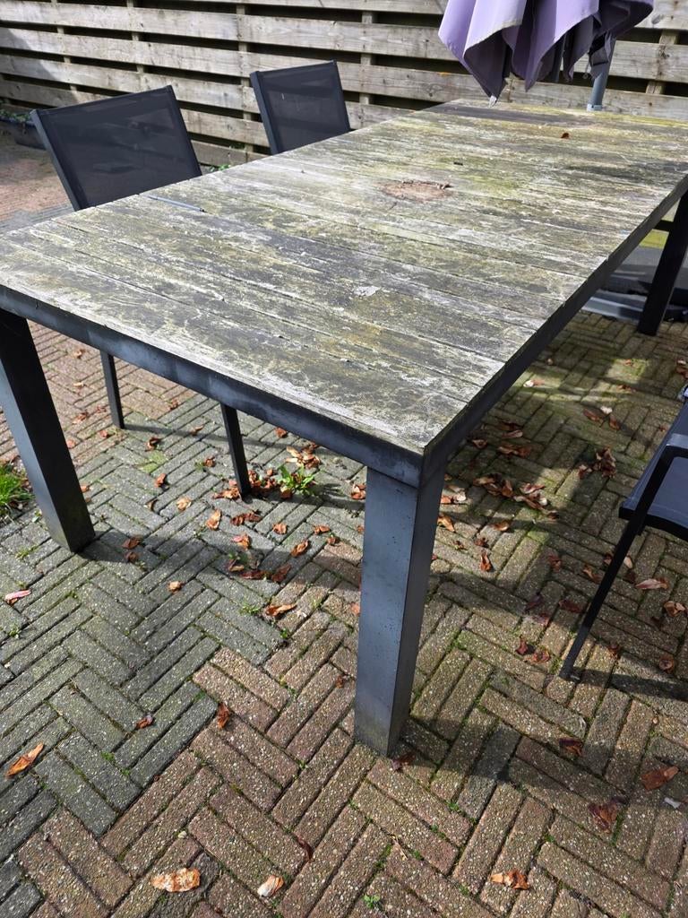Aluminium/teak tuintafel 215x100x75 cm, Ophalen, Gebruikt, Rechthoekig, Teakhout
