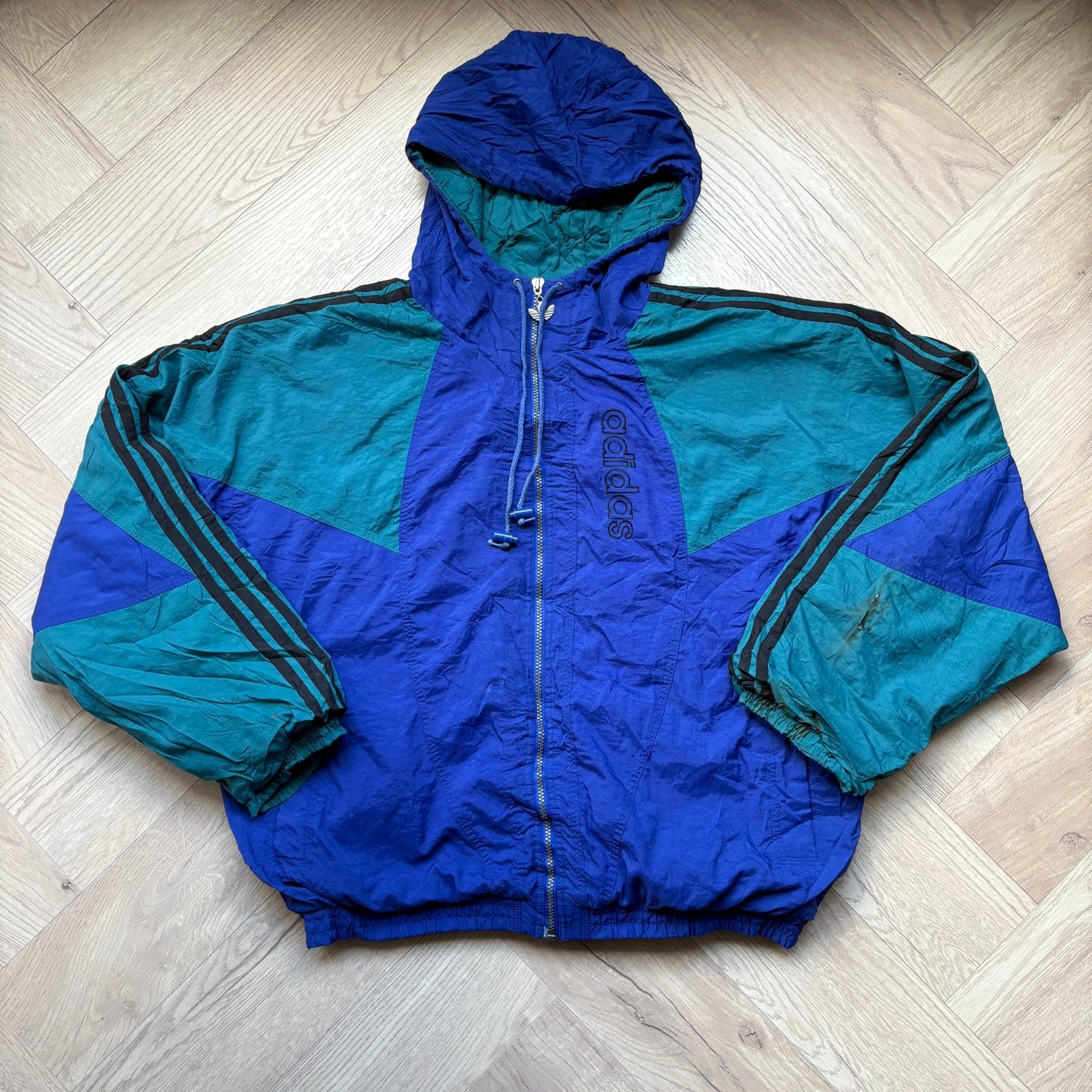 80s/90s Vintage Adidas Jacket Blauw/Groen Maat L, Ophalen of Verzenden, Gedragen, Maat 52/54 (L), Blauw