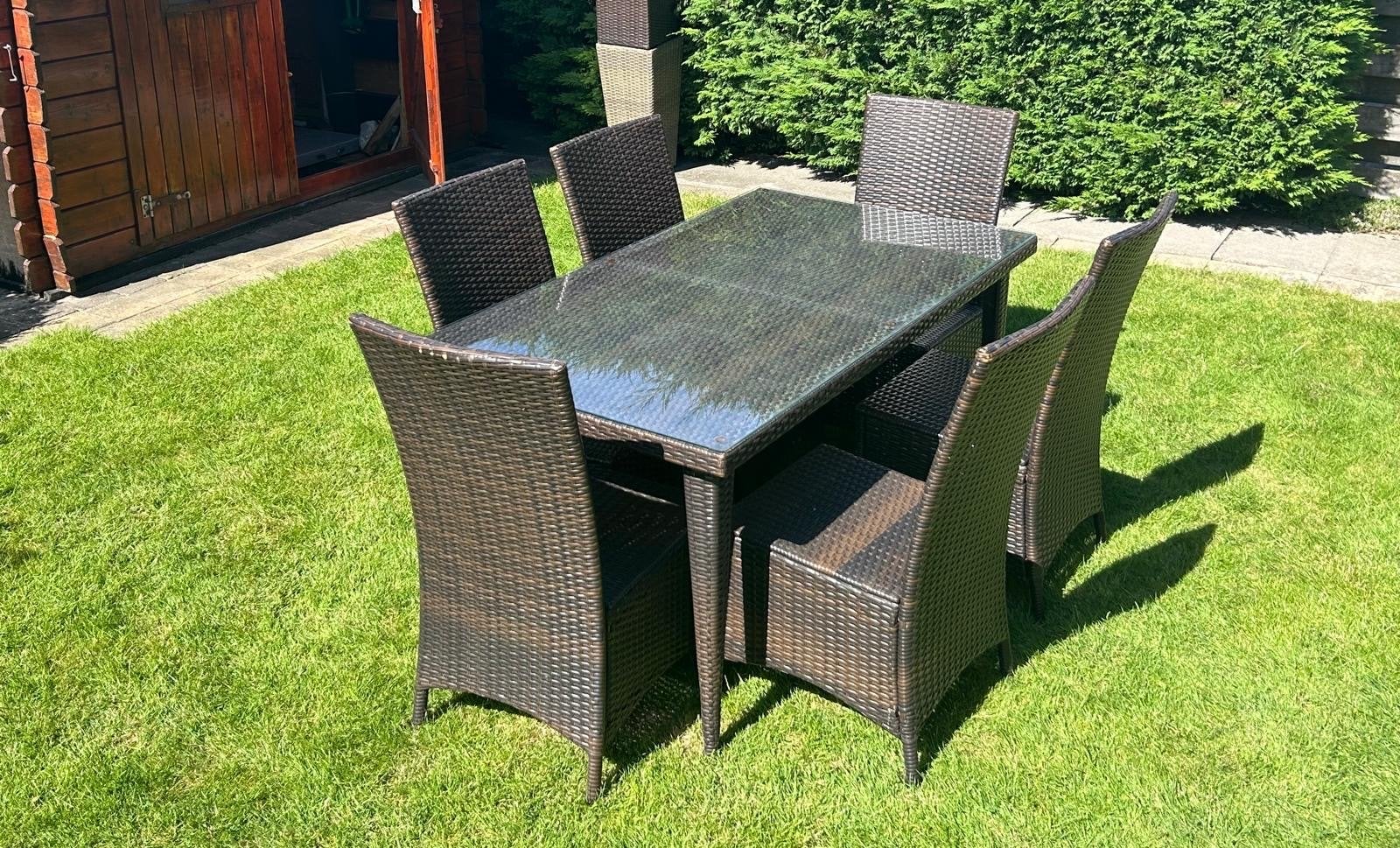 Zevendelige bruine tuinset met glazen tafelblad, Ophalen, Kunststof, Eettafel, 6 zitplaatsen
