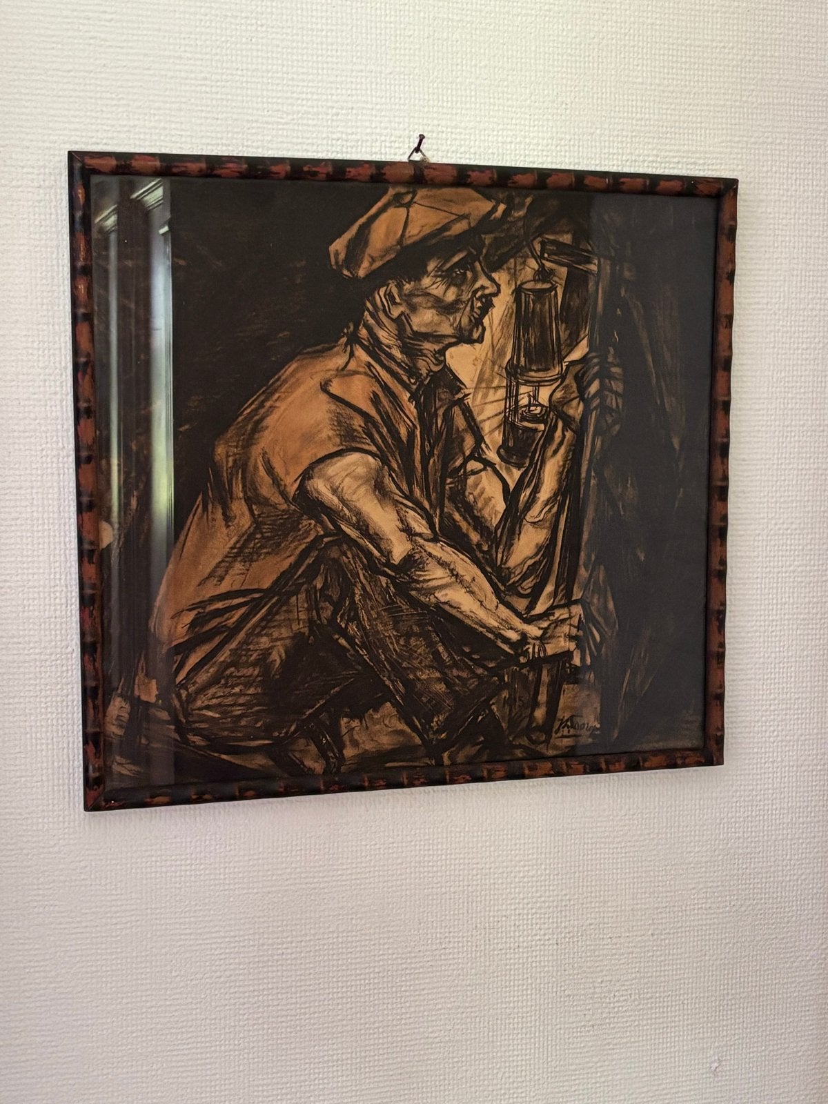 Jan Toorop: mijnwerker in lijst (38x35 cm), Ophalen of Verzenden