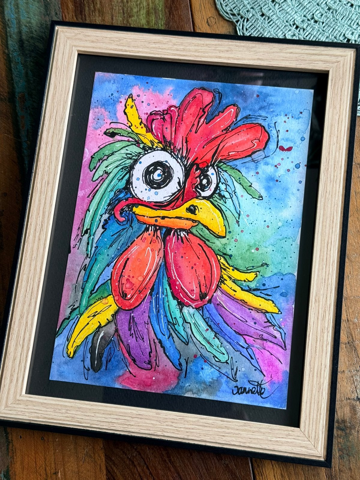 Kleurrijke haan  Aquarel in lijst, Antiek en Kunst, Kunst | Schilderijen | Modern, Verzenden