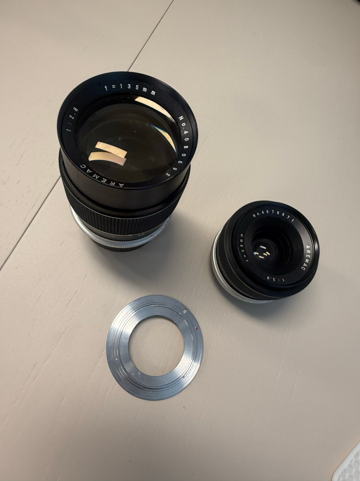 Twee vintage AREMAC lenzen (135mm f/2.8, 35mm f/2.8) + M42 a, Ophalen, Gebruikt, Telelens, Handmatige focus