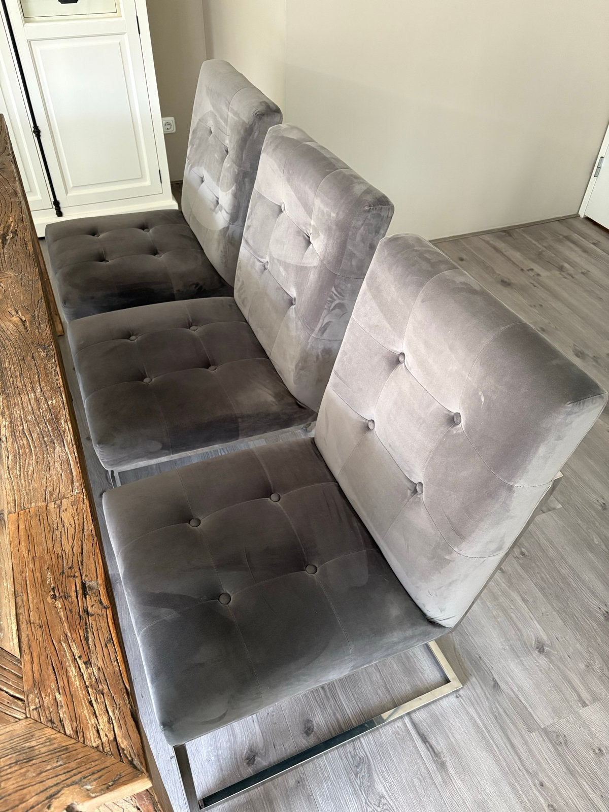 6 Colmore eetkamerstoelen taupe velvet, Huis en Inrichting, Stoelen, Ophalen, Overige kleuren, Zo goed als nieuw, Stof