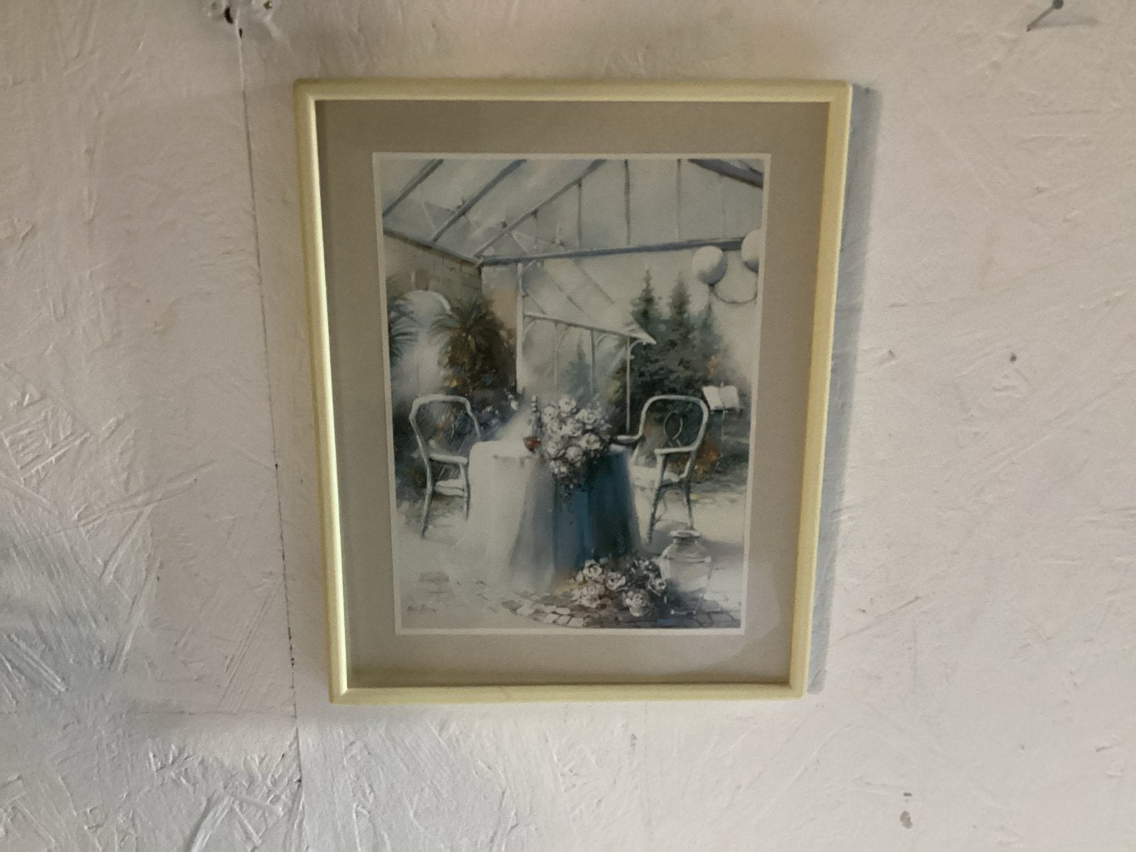 Sfeervol schilderij van een serre met bloemen, Antiek en Kunst, Achter glas, Realistisch, Ophalen of Verzenden, Aquarel