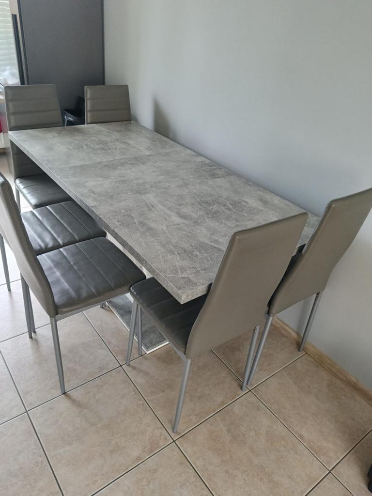 Moderne eettafel met 6 stoelen - Grijs betonlook, Gebruikt, Overige materialen, 150 tot 200 cm, Modern