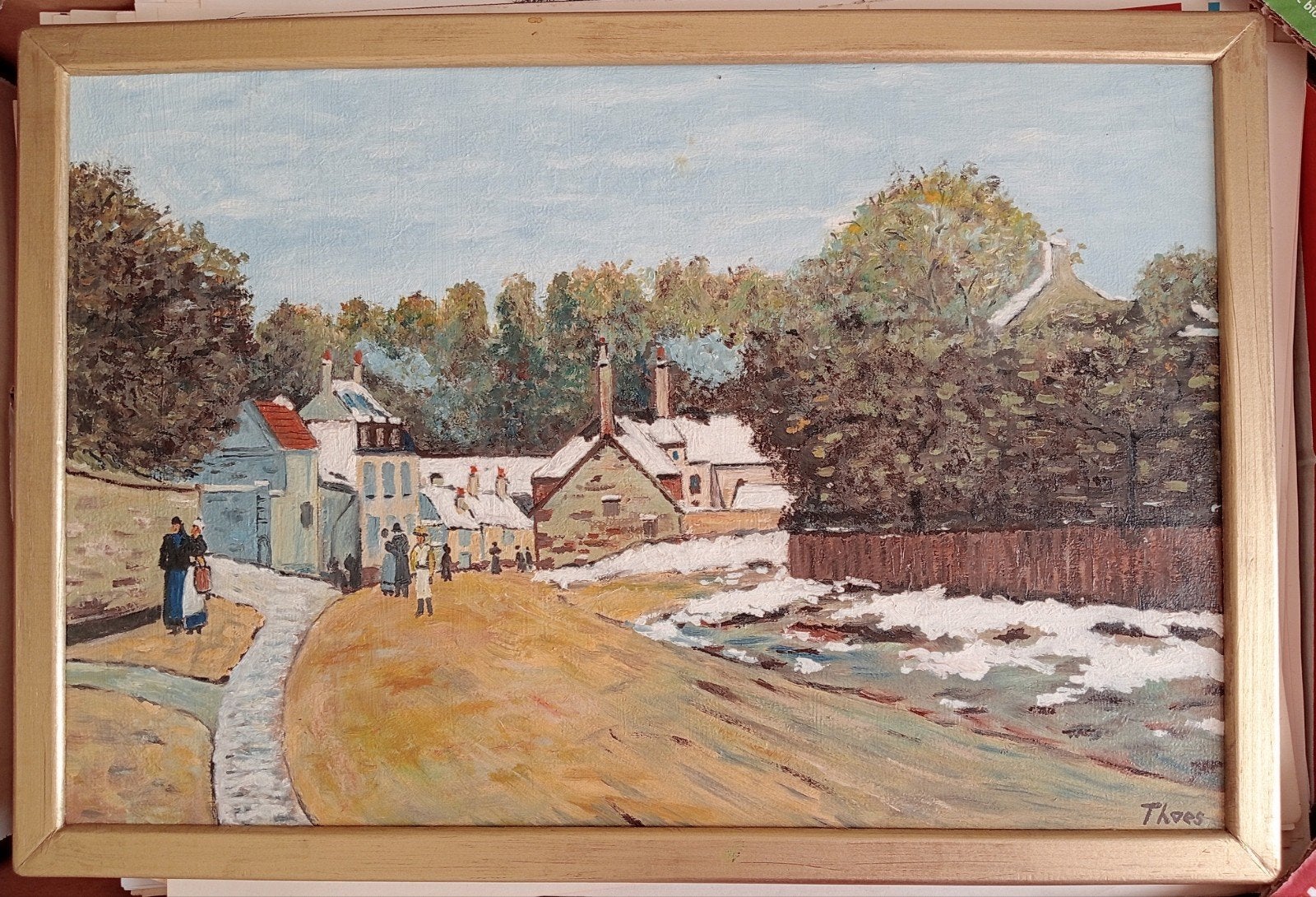Olieverfschilderij Landschap met huizen, gesigneerd, Origineel werk, Doek, Realistisch, Ophalen of Verzenden
