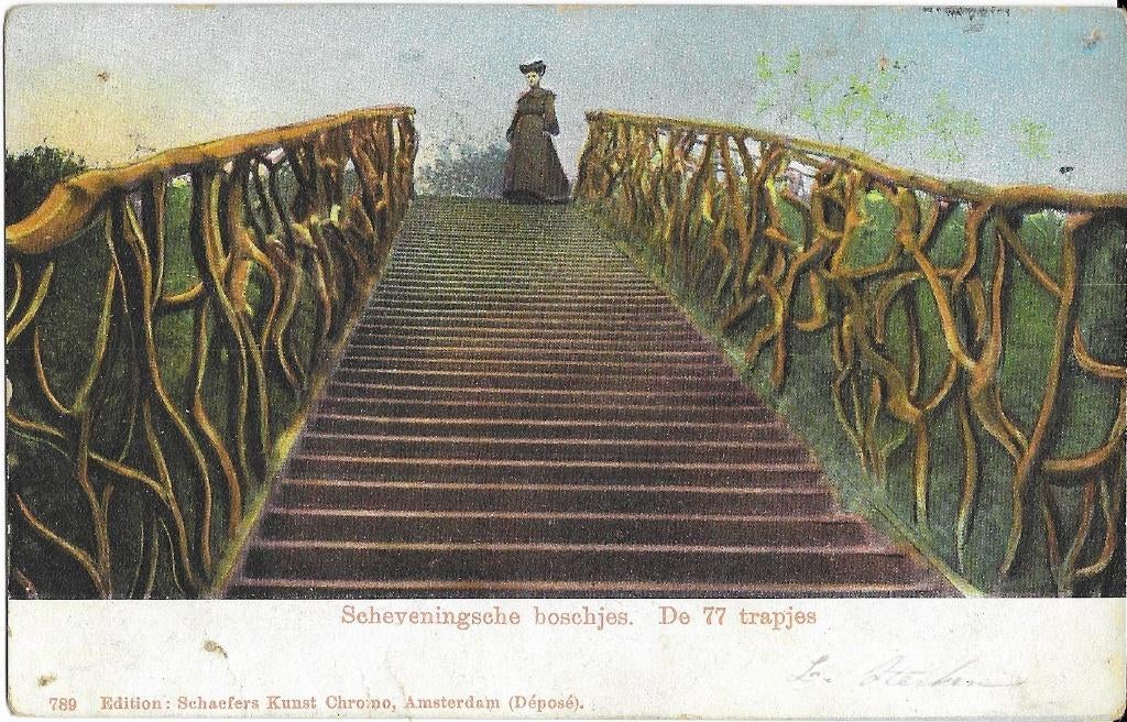 Den Haag, 's Gravenhage, Scheveningse Bosjes, vrouw, trap, Verzenden, Voor 1920, Gelopen, Zuid-Holland