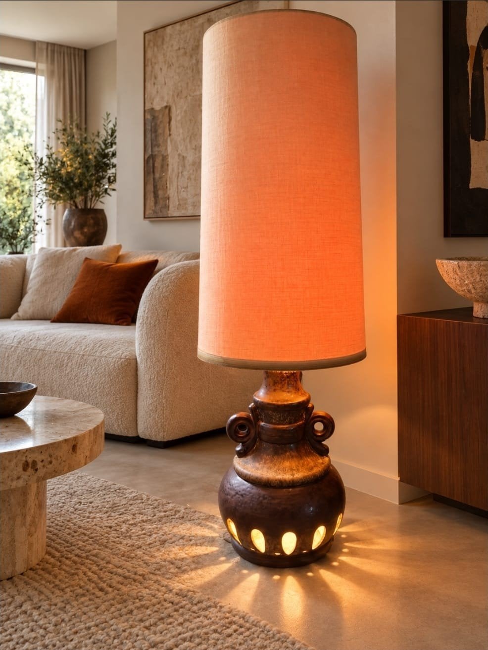 Vintage Vloerlamp Aardewerk Bruin met Oranje Kap, Ophalen