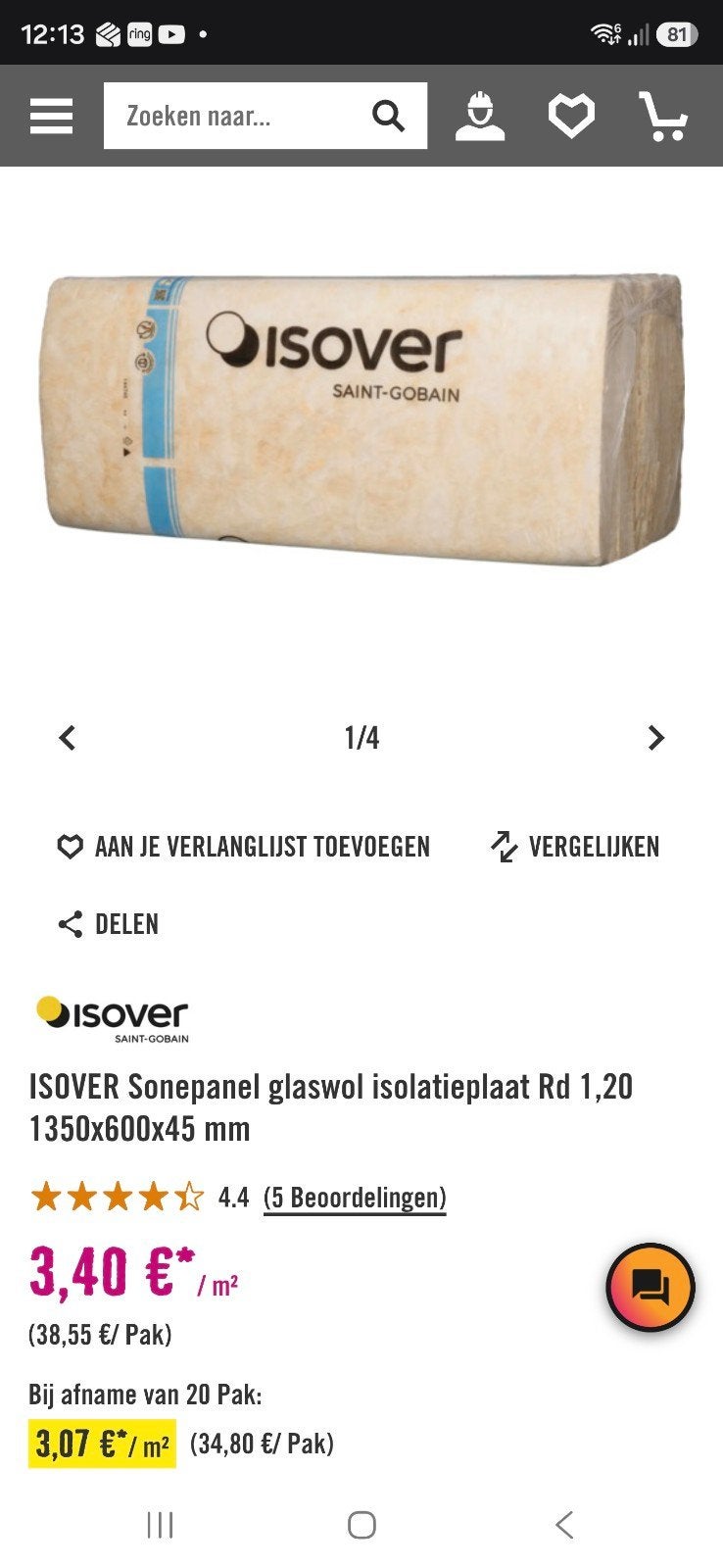 ISOVER Sonepanel glaswol isolatieplaat Rd 1,20, Dakisolatie, Nieuw, 5 tot 10 m², Glaswol