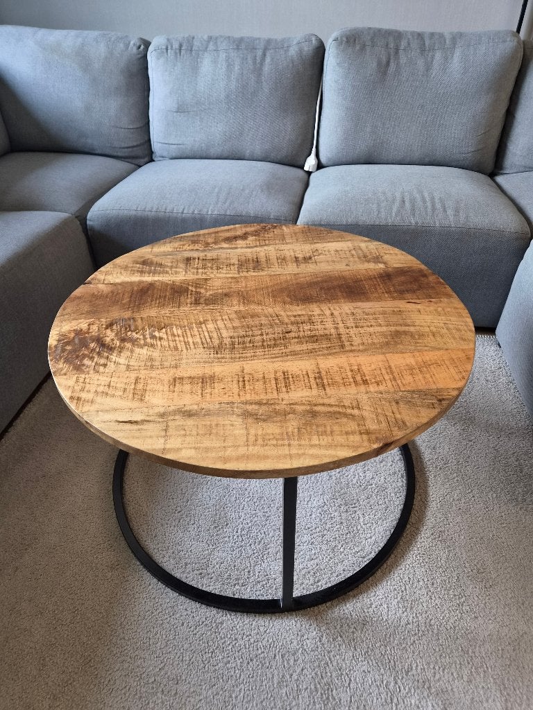 Ronde houten salontafel Ø80 cm met zwart stalen onderstel, Ophalen, 50 tot 100 cm, Rond, 50 tot 100 cm