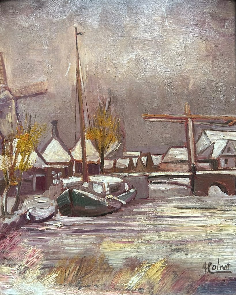 Origineel winterslandschap, gesigneerd met 'A. Colnot', Overige ondergronden, Impressionistisch, Ophalen of Verzenden, Landschap