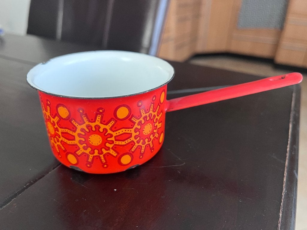 oud oranje emaille kinderservies steelpannetje jaren 30, Ophalen of Verzenden