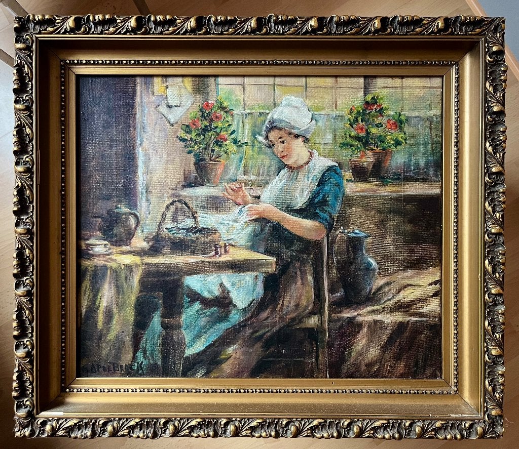 Olieverfschilderij op linnen, jonge vrouw in klederdracht., Antiek en Kunst, Kunst | Schilderijen | Klassiek, Doek, Portret of Personen