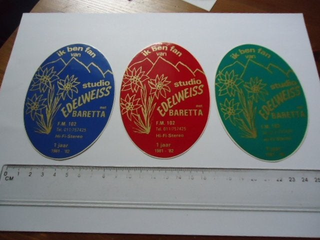 sticker oud 1982 Edelweiss Baretta piraat piraten zender 3x, Verzamelen, Verzenden, Zo goed als nieuw, Bedrijf of Vereniging