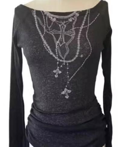 Prachtige vintage top zwart Gothic / Alt met tattoo print, Maat 38/40 (M), Zwart, Nieuw, Ophalen of Verzenden