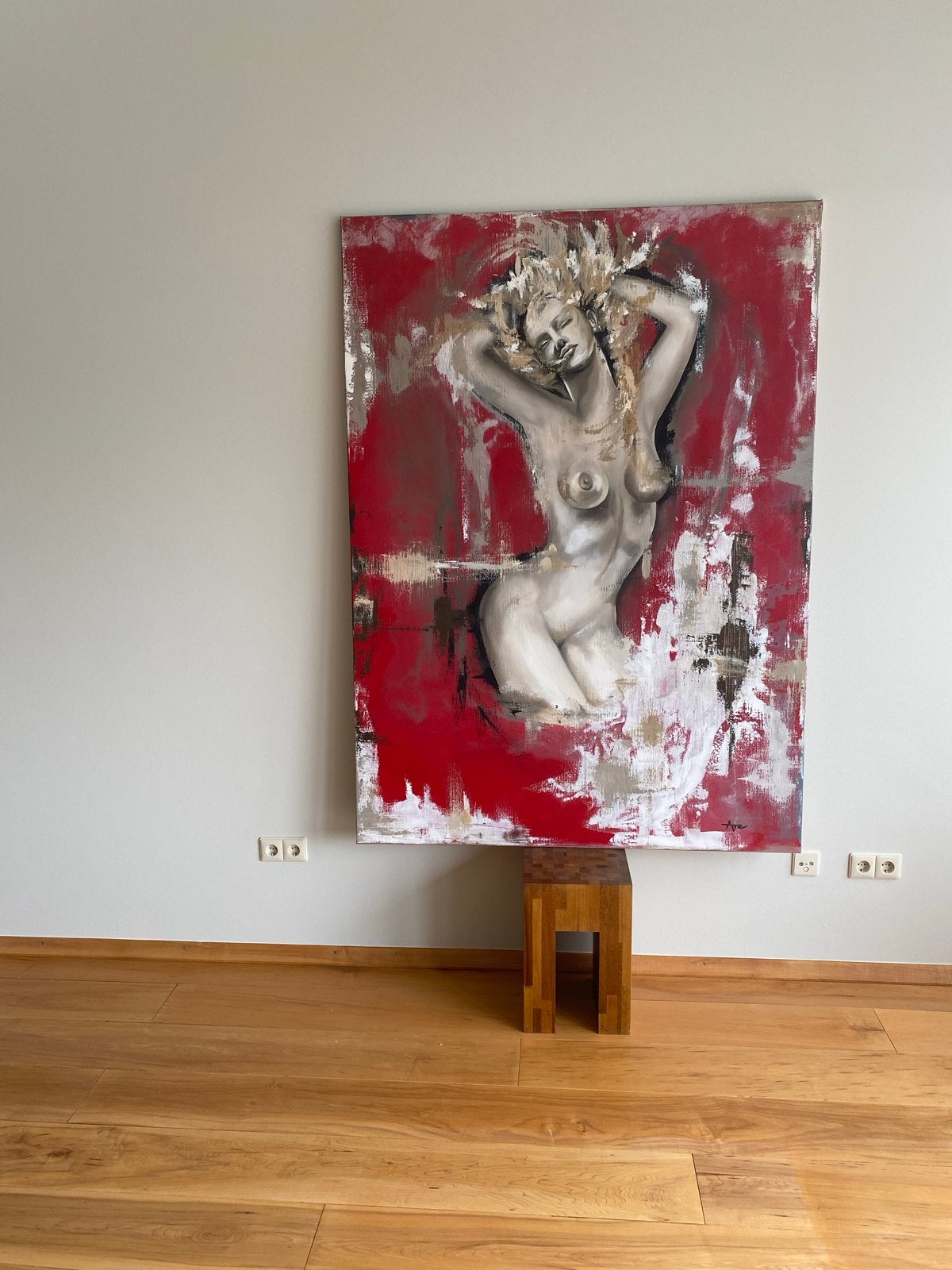 Schilderij van vrouw op rode achtergrond afm. 180x130 cm, Antiek en Kunst, Kunst | Schilderijen | Modern, Ophalen, Met textuur