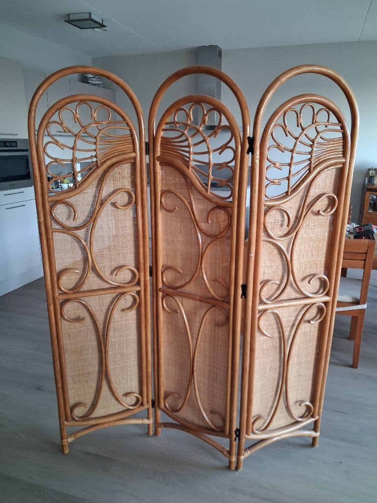 Vintage bamboe kamerscherm - 3 panelen, 175 cm hoog, Ophalen, Gebruikt