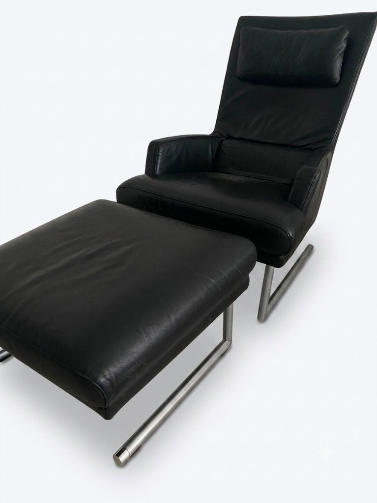 Zwarte leren fauteuil met hocker/voetenbank, Huis en Inrichting, Ophalen, Gebruikt, Eenpersoons, 75 tot 100 cm