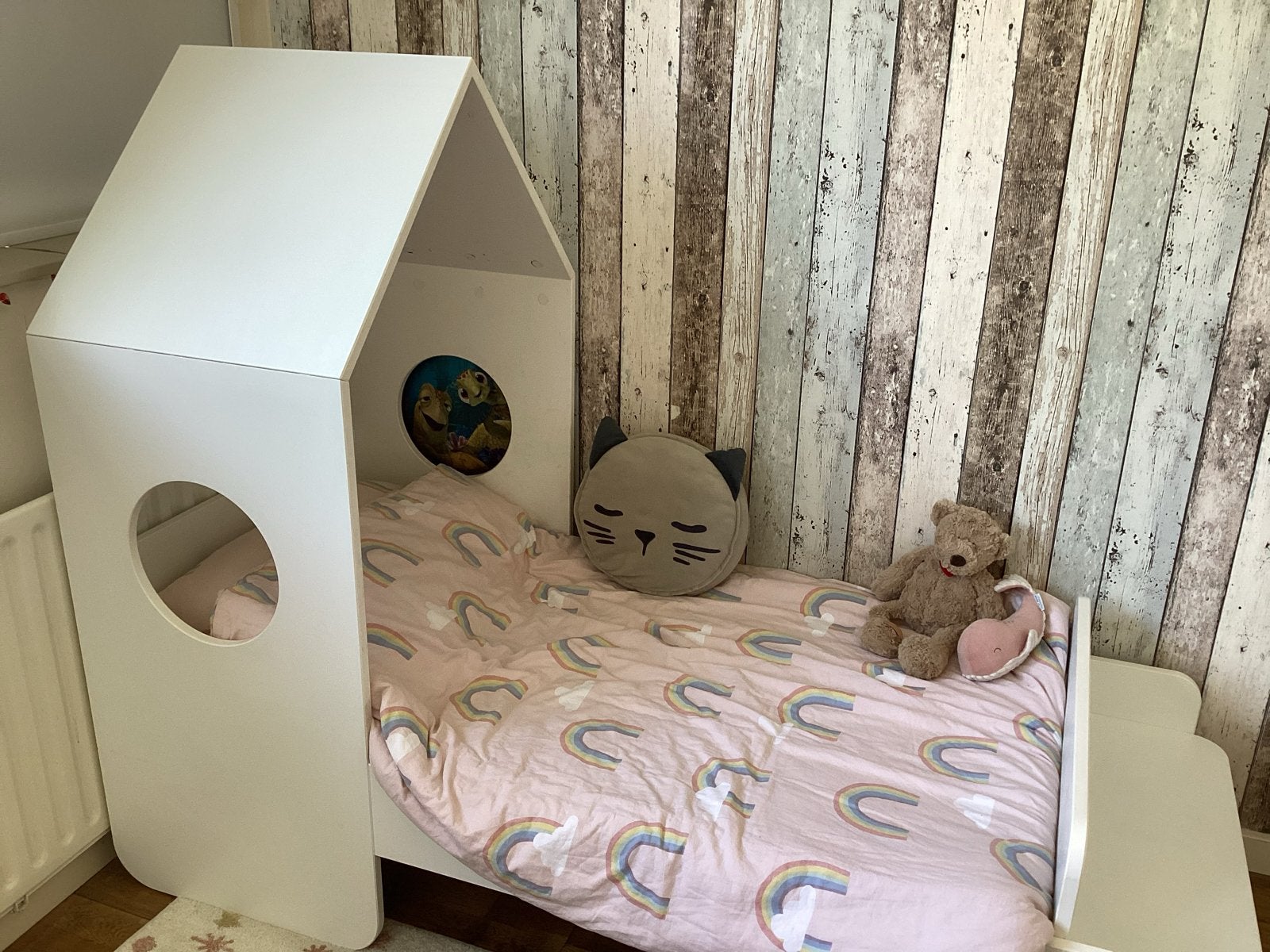 Wit houten Peuter/Kleuter bed met dak en bankje 140x70, Ophalen, Gebruikt, 70 tot 85 cm, 140 tot 160 cm