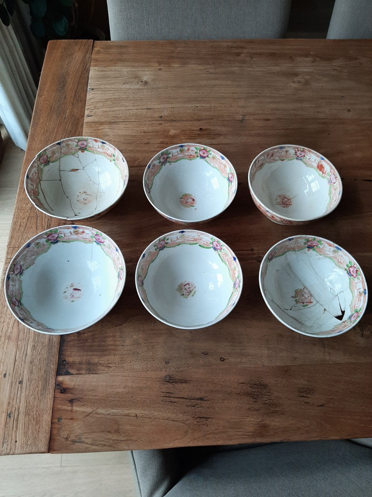 6 Antieke Chinese kastkommen met landschapdecor, Antiek en Kunst, Ophalen of Verzenden