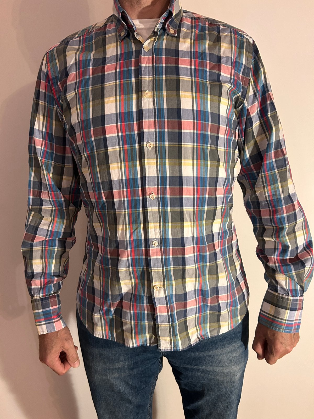 A Fish Named Fred geruit overhemd met elleboogstukken, Kleding | Heren, Ophalen of Verzenden, Zo goed als nieuw, Meerkleurig, Halswijdte 39/40 (M)