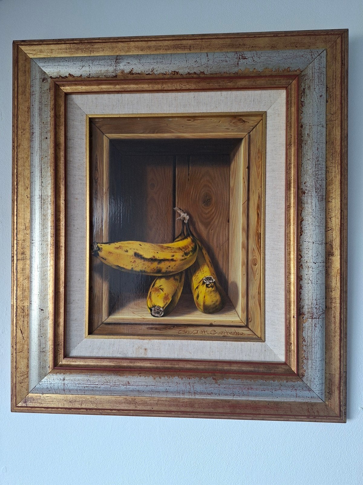 Olieverfschilderij bananen, gesigneerd Overbeeke, Doek, Realistisch, Ophalen of Verzenden, Olieverf