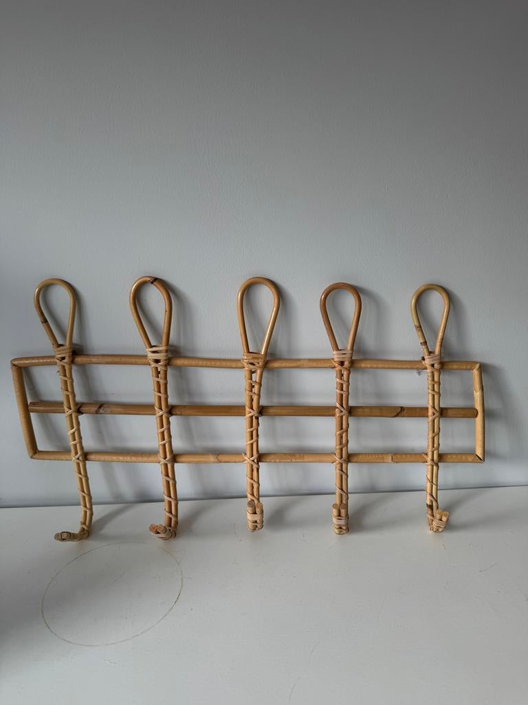 Vintage rotan wandkapstok met 5 haken x2, Overige materialen, Gebruikt, Minder dan 100 cm, Ophalen