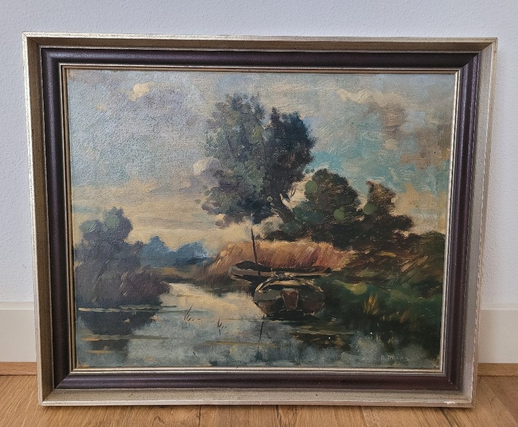 Water landschap met bootjes gesigneerd r.o. A. Prins, Antiek en Kunst, Kunst | Schilderijen | Klassiek, Doek, Oud hollands, Ophalen of Verzenden