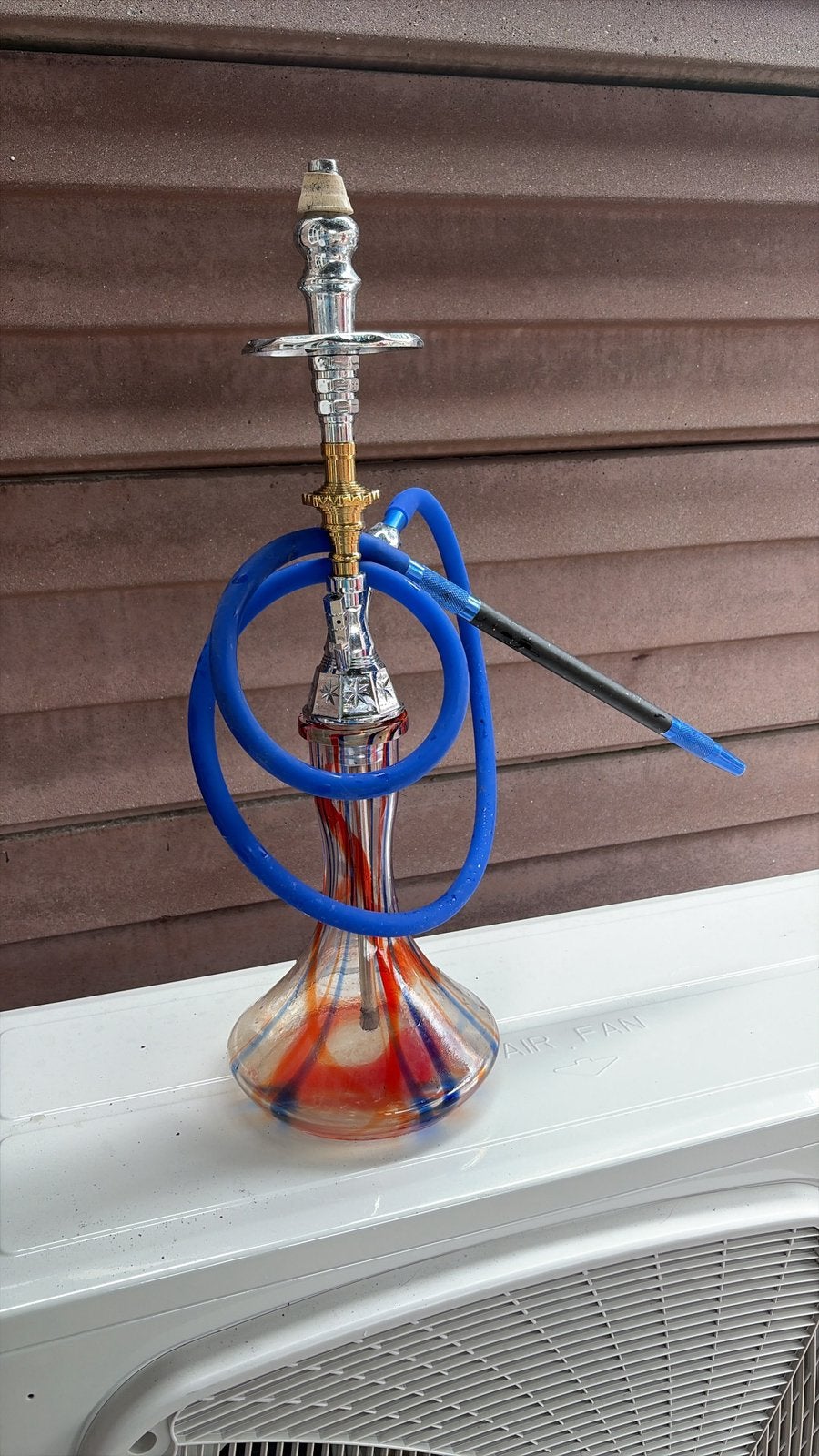 Waterpijp blauw met gekleurde glazen vaas, Ophalen, Gebruikt, (Water)pijp