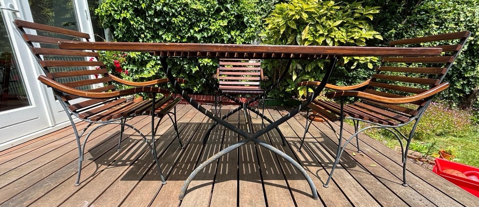 Teak houten tuinset met 4 stoelen en tafel, Ophalen, 4 zitplaatsen, Gebruikt, Eettafel