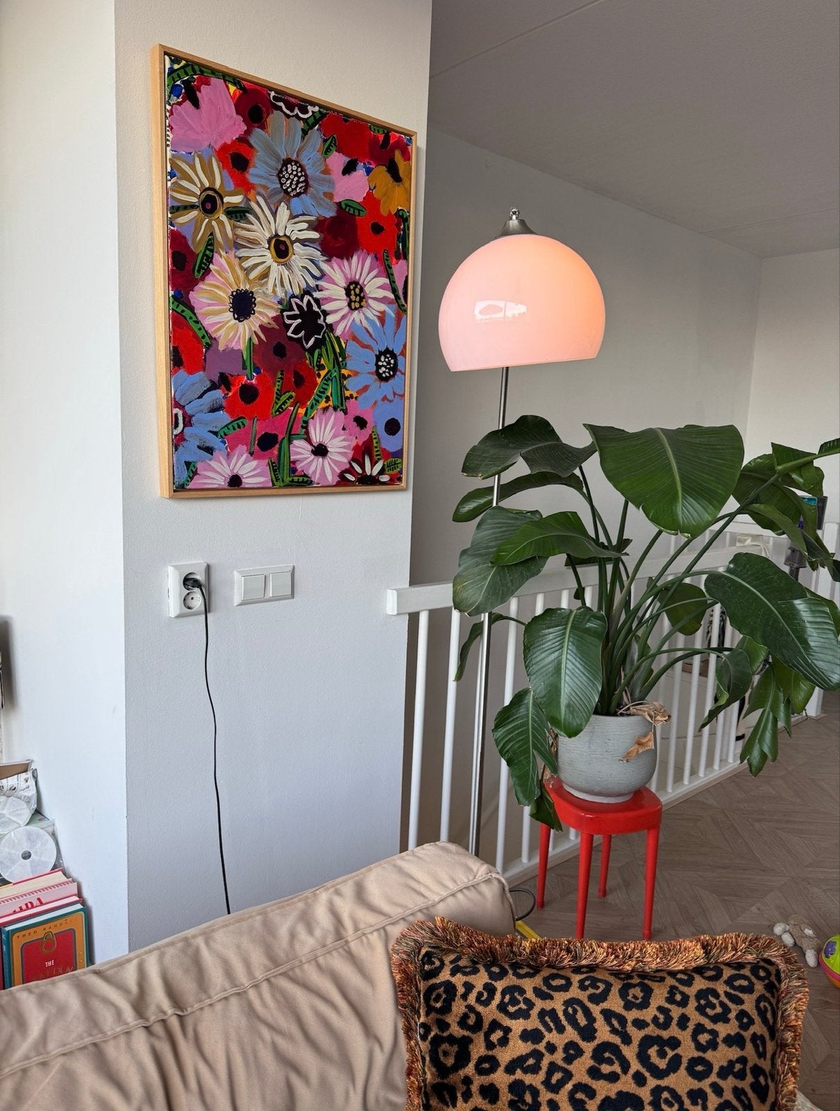 Booglamp met marmeren voet en kunststof bol, Ophalen, Kunststof, Gebruikt, E27 (groot)